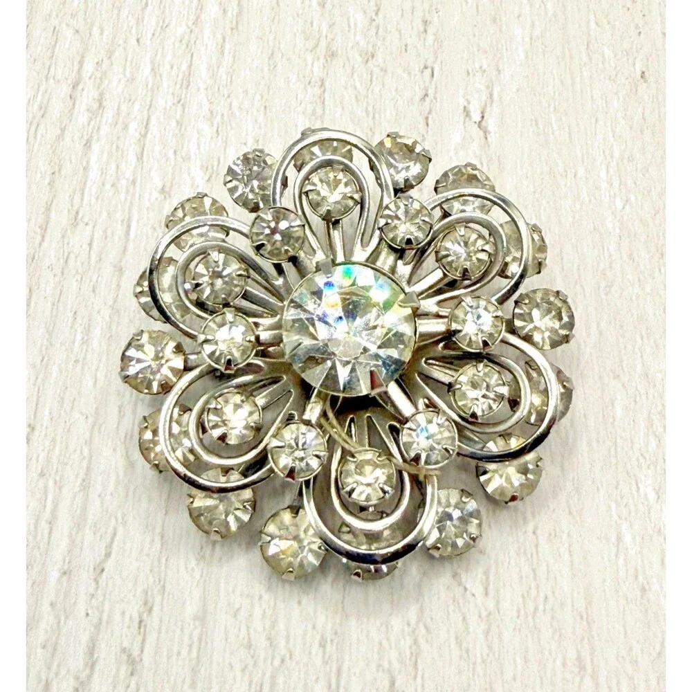 Vintage 1950s Rhinestone‎ Starburst Brooch Silver Tone Floral MCM Pin Crystal